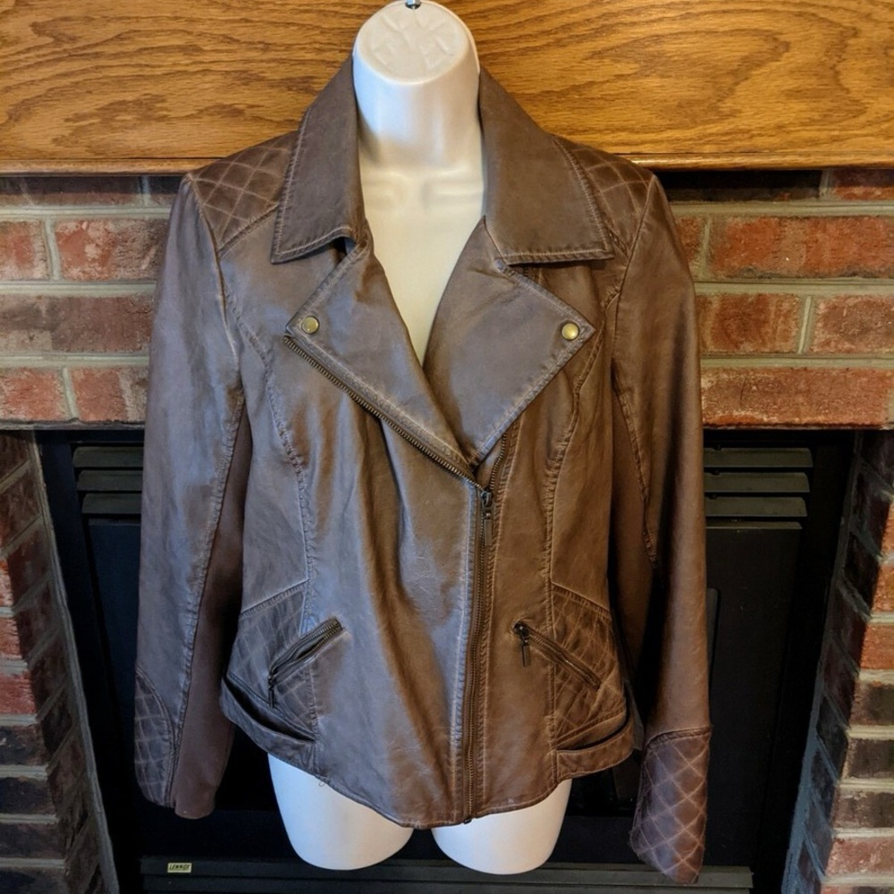 Maurices Brown Leather Moto Jacket with Notched Lapels